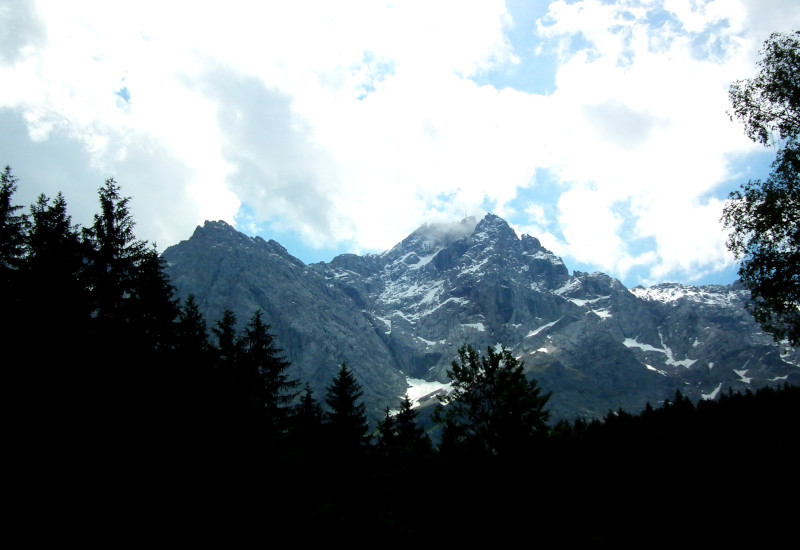 Berggipfel mit Schnee und Nebel, davor dunkle Nadelbäume, bewölkter Himmel