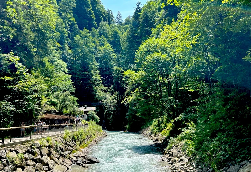 Wildwasserfluss unter steinbepflastertem Fußweg mit Geländer, umgeben von dichtem grünem Wald und Menschen am Weg