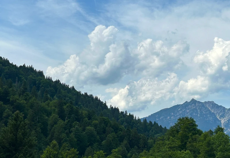 Grüner bewaldeter Berghang mit blauem Himmel und großen weißen Wolken