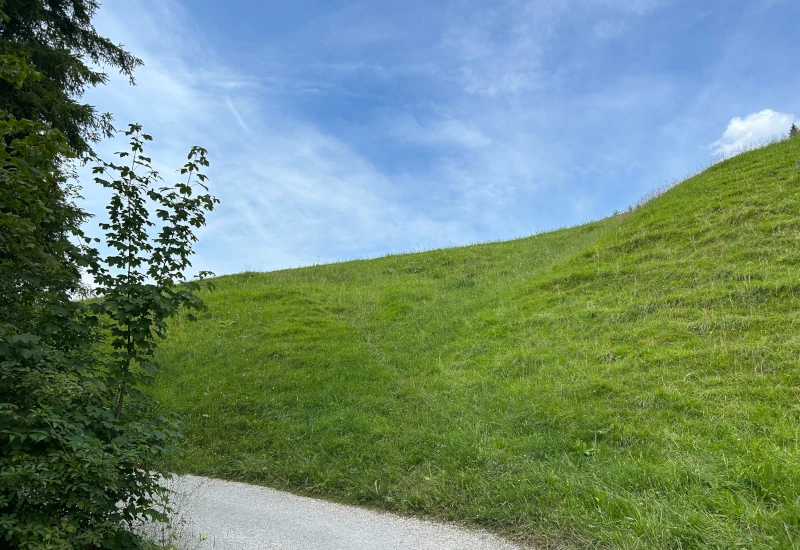 Grüner Hügel neben einem schmalen Gehweg, blauer Himmel mit wenigen Wolken und ein Baum links im Bild