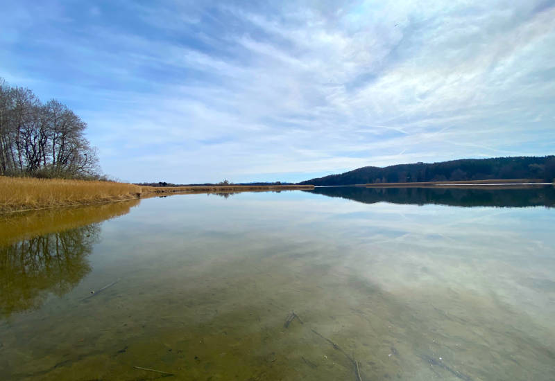 Ruhiger See mit spiegelndem Wasser und bewaldetem Ufer.