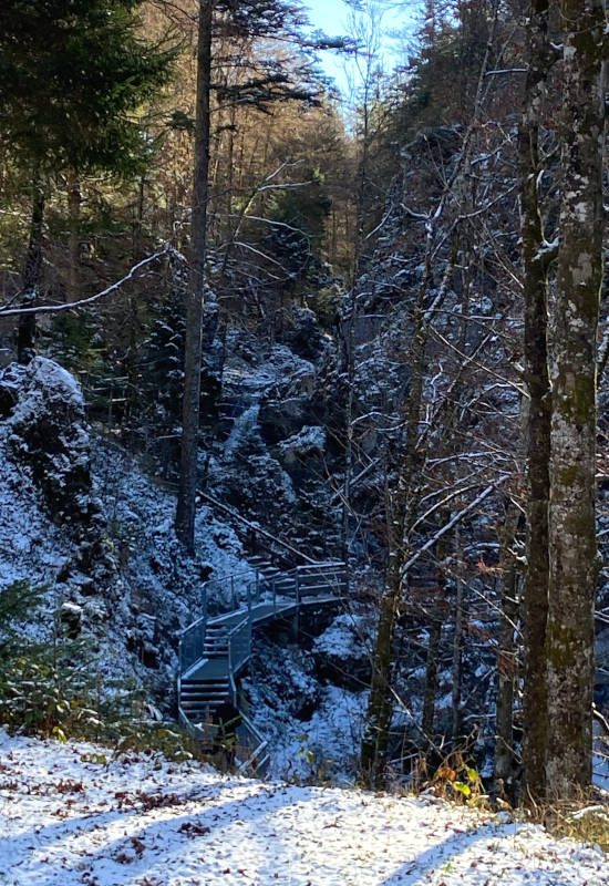 Schneebedeckte Felsen und ein Holzsteg im Wald.