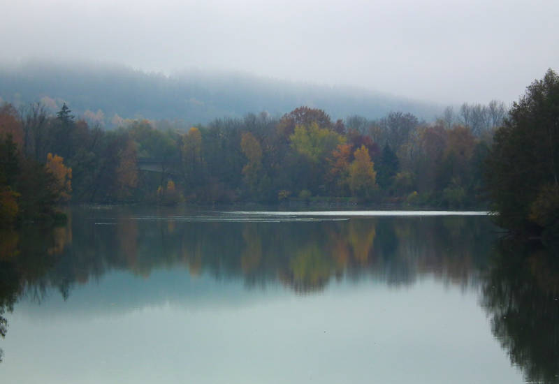 Ruhiger See mit herbstlichen Bäumen und Nebel im Hintergrund.