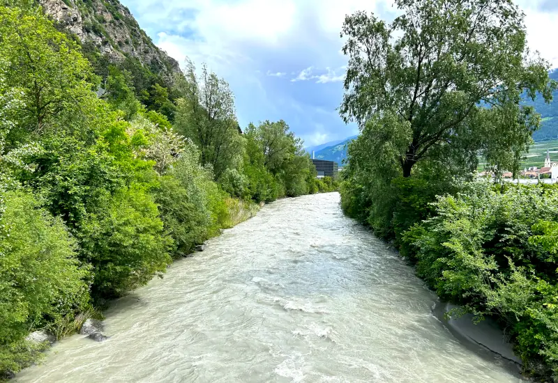 Bach fließt durch grüne Uferlandschaft unter bewölktem Himmel.