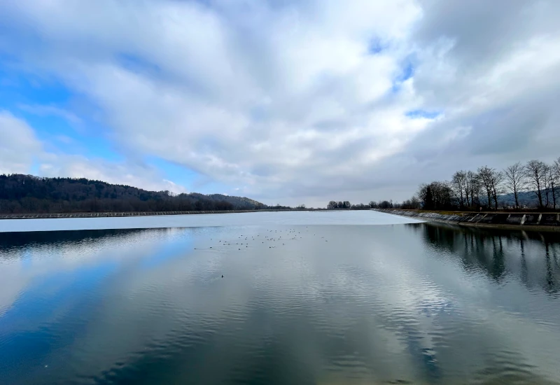 Ruhiger See mit Wolken und Bäumen im Hintergrund.